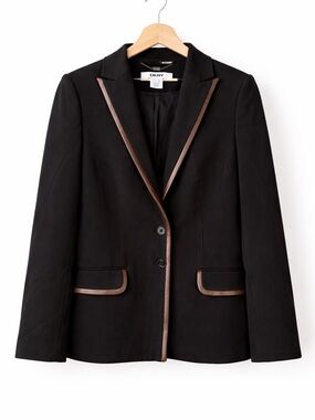 DKNY Black Blazer with Brown Trim - Women's Tailored Jacket